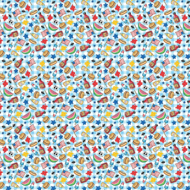 America's Birthday Cookout on Blue Fabric
