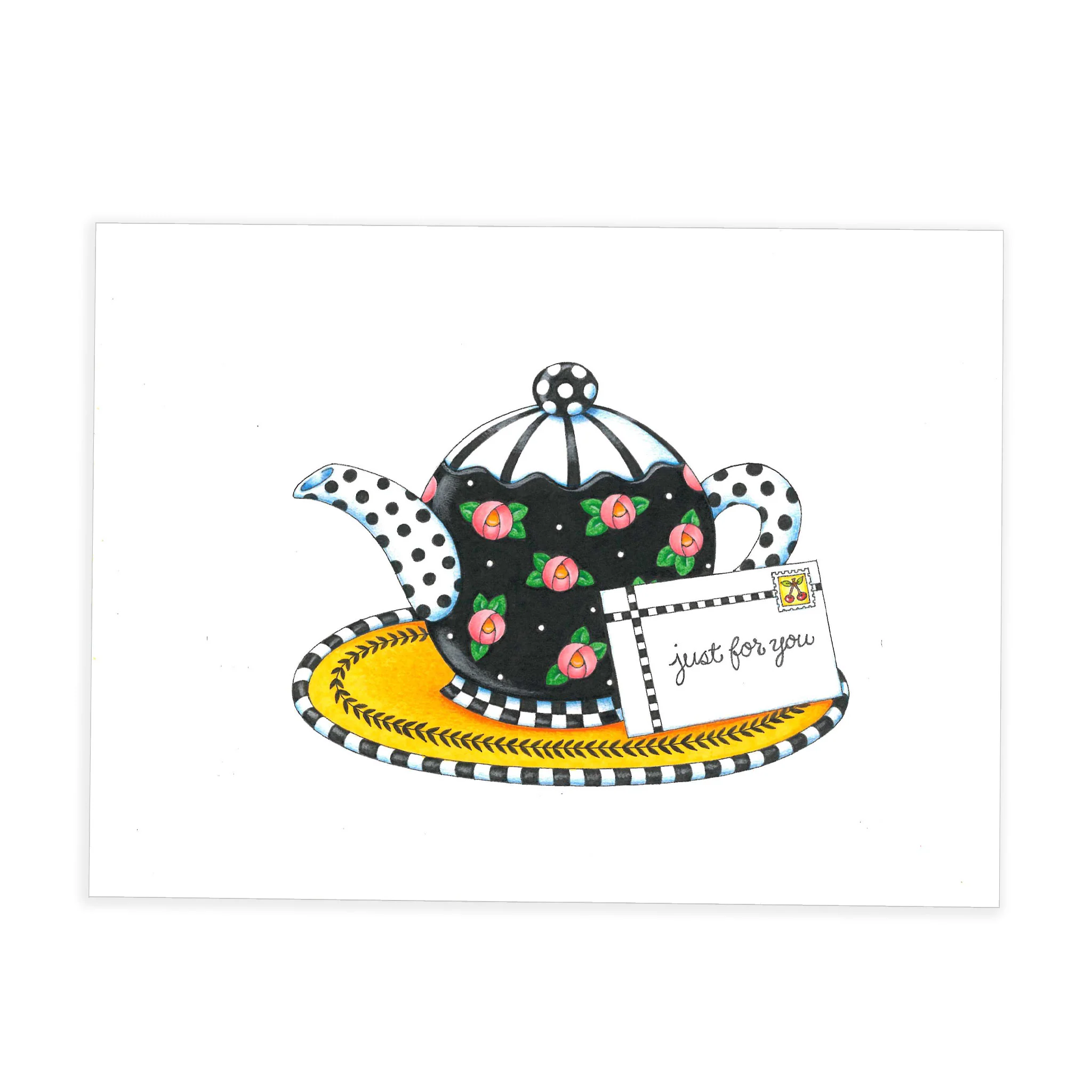 Black Cottage Rose Teapot Art