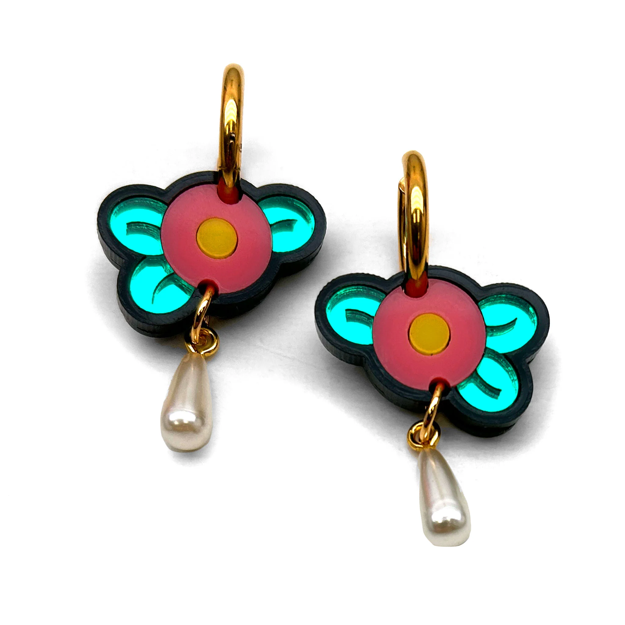Pink Fried Egg Flower Hoop with Pearl Gold Dangle Earring