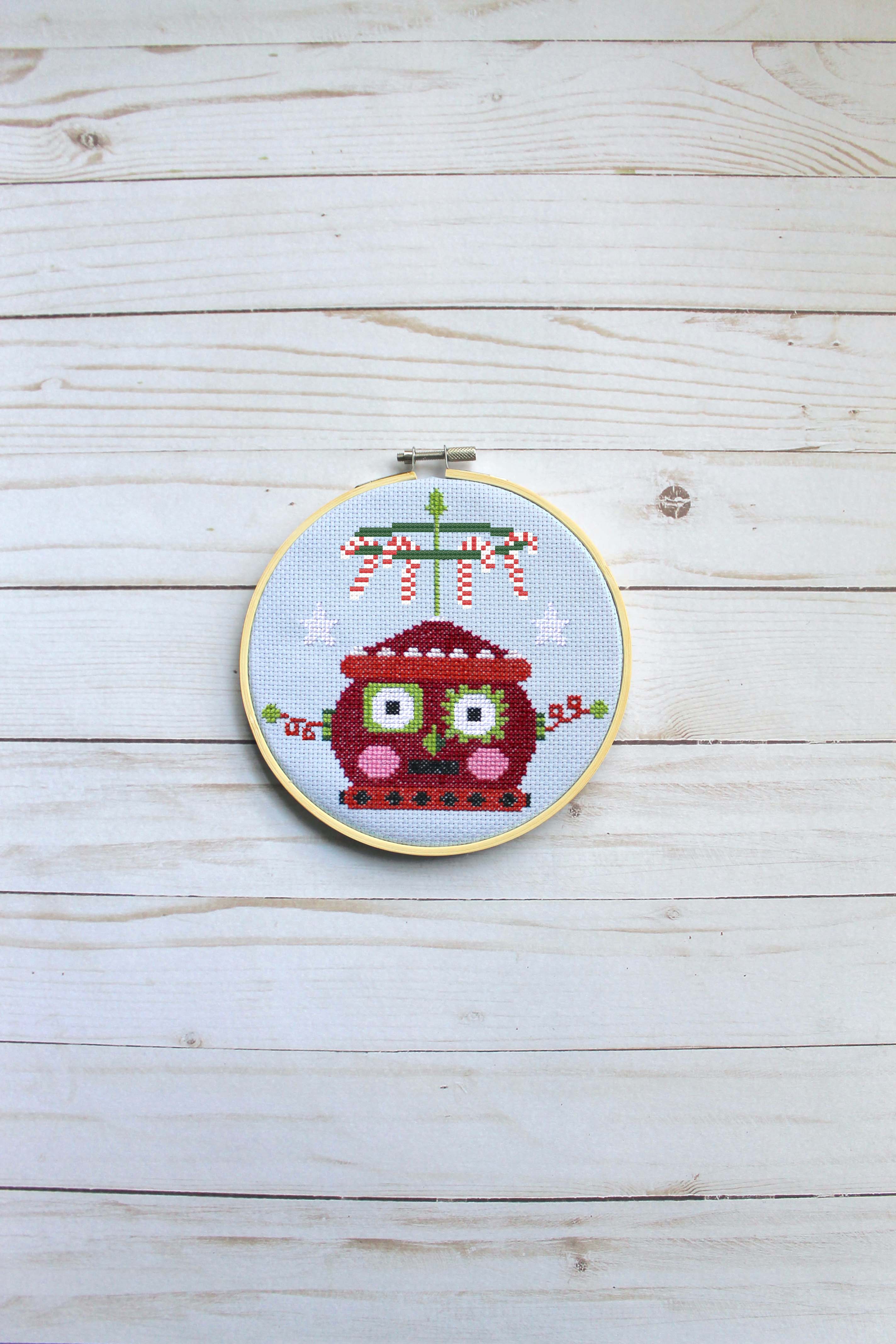 Red Christmas Robot Counted Cross Stitch Kit - Image 2