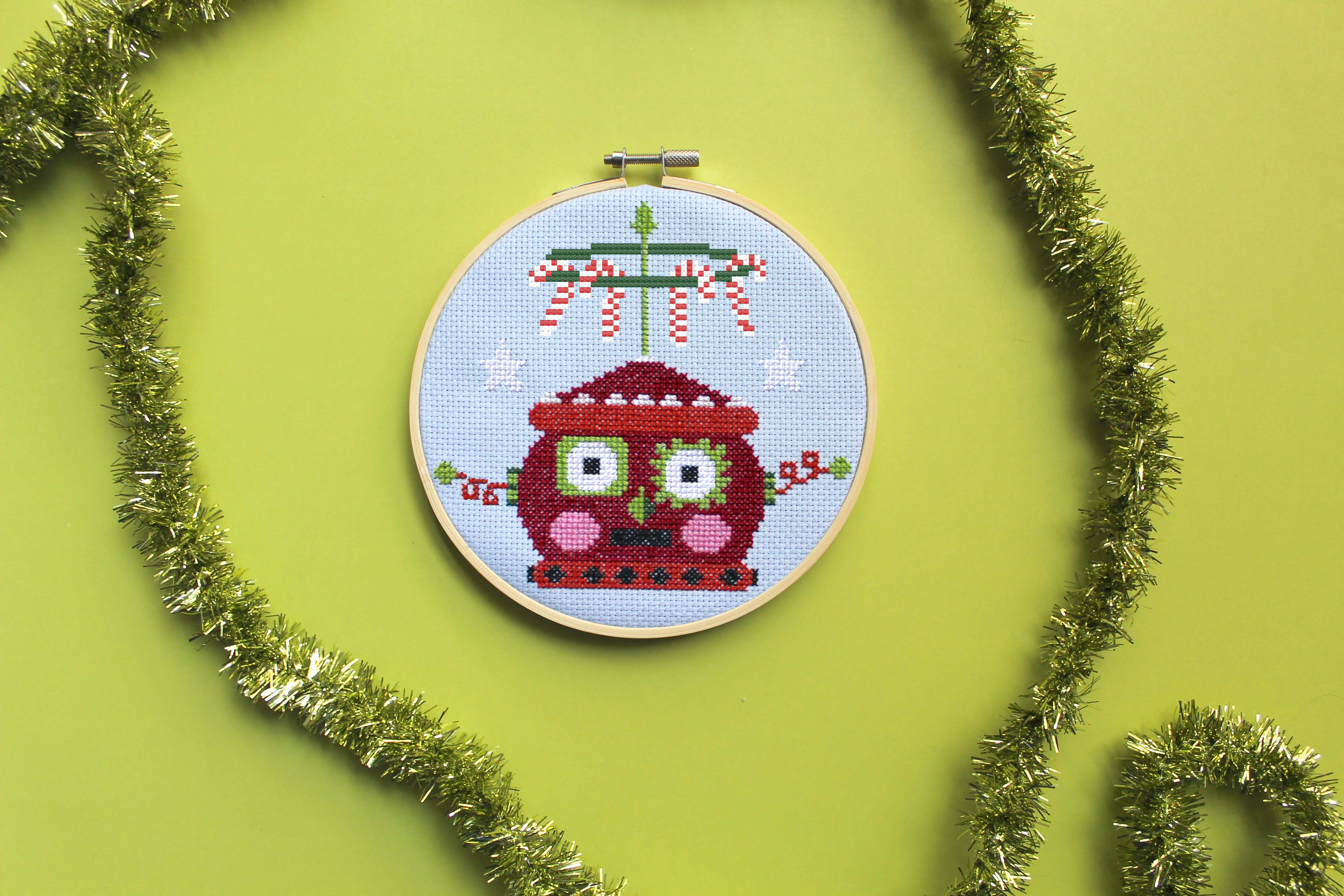 Red Christmas Robot Counted Cross Stitch Kit - Image 3