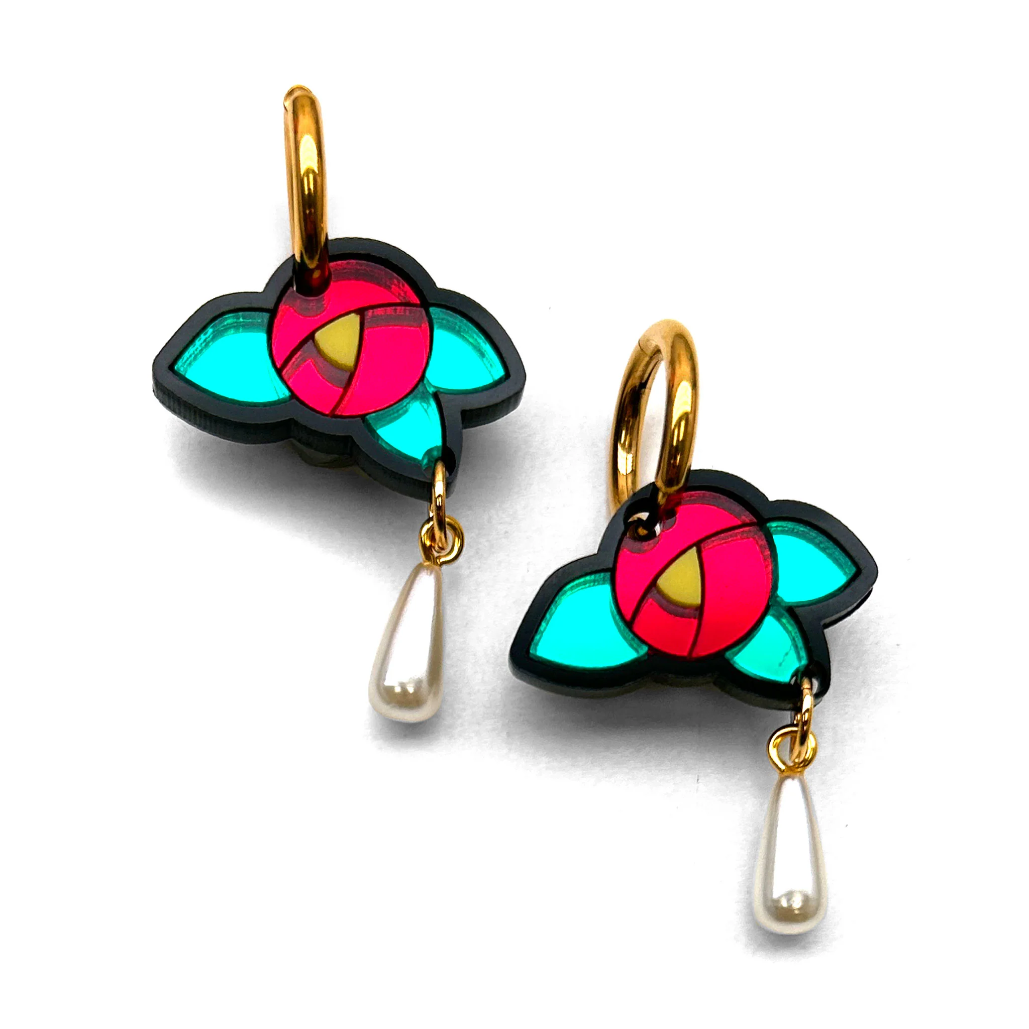 Red Cottage Rose Hoop with Pearl Gold Dangle Earring